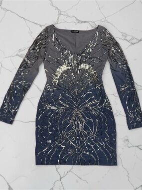 bebe Gray and Navy Gradient Sequin Long-Sleeve Bodycon Mini Dress SZ. S
